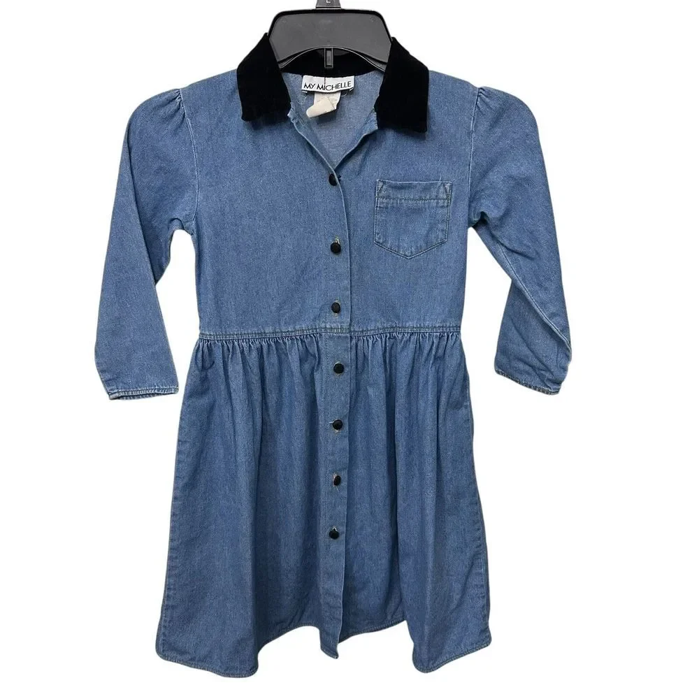 Vintage My Michelle Denim Dress‎ With Velvet Collar Girls 6 Long Sleeve